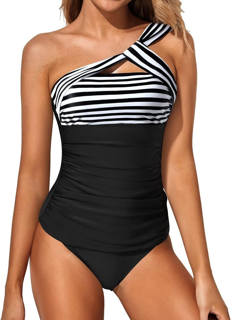 Tempt Me Two Piece Tankini Bathing Suits for Women One Shoulder Swim Top with Bottom Swimsuits (X-Large, Stripe Black)