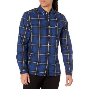 Lacoste Men's Long Sleeve Plaid Slim Fit Poplin Shirt, Globe/Blackwhite, X-Large/ Slim Fit
