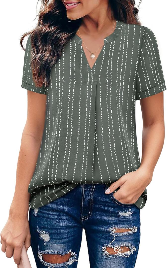 Timeson Women's V Neck Short Sleeve Curved Hem Sheer Chiffon Blouse Shirts Tops (Rock Gray, XL)