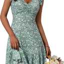 MSBASIC Women's Floral Sundress Teen Petite Summer Ruffle Cap Sleeve V Neck Ruched Mini Dress (M)