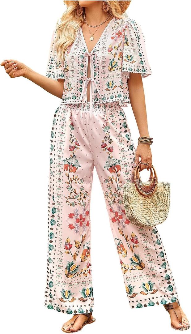 WDIRARA Women's Boho Floral 2 Piece Palazzo Pants Set Short Sleeve Blouse (Pink, L)
