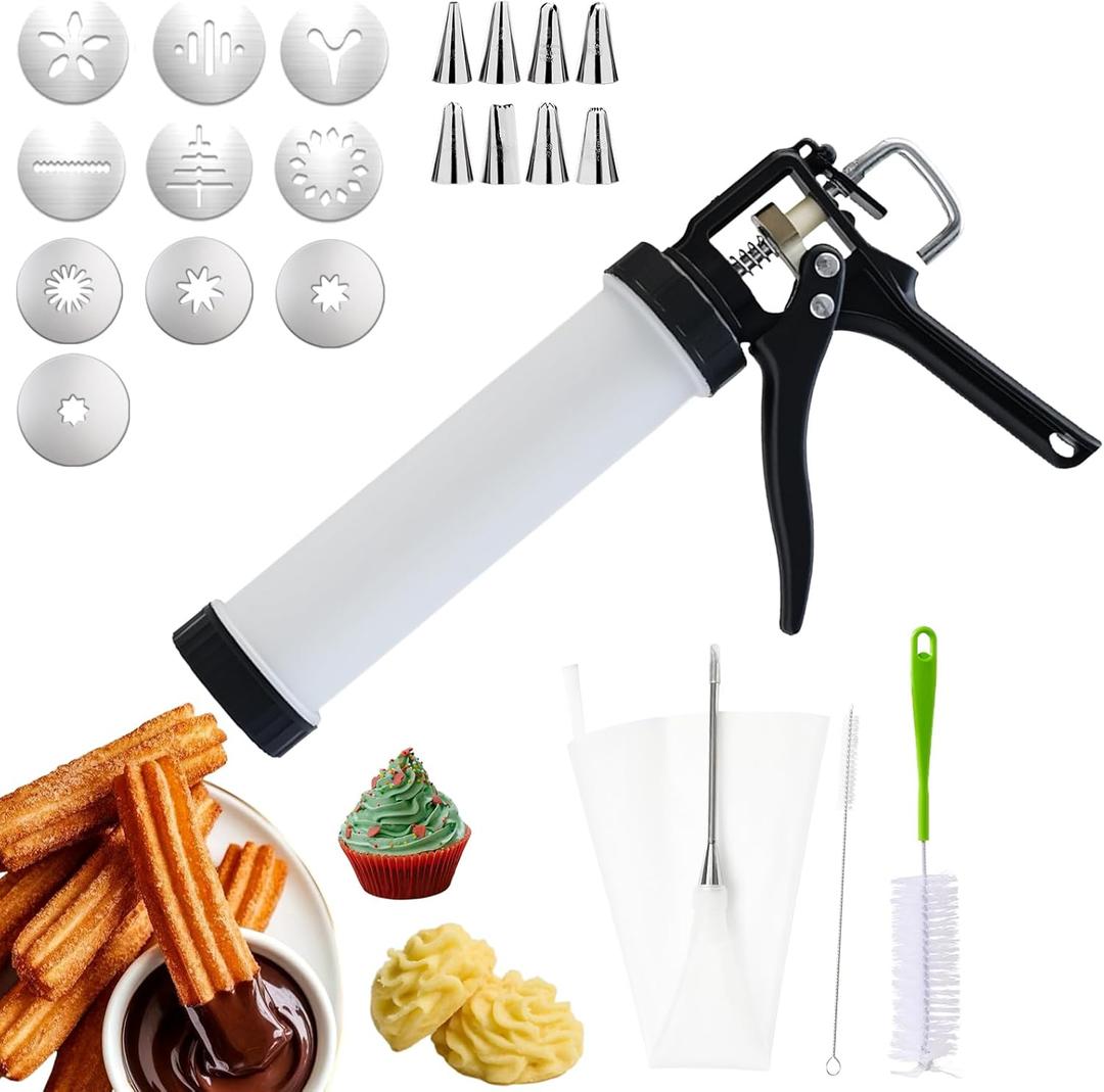 AlgoELF 3in1 Manual Spritz Cookie Press Gun Set, Churrera Churro Maker Machine, Large 2-Cup Capacity, 1 Piping Bag and Tip, 10 Churro and Cookie Discs, 8 Icing Nozzles, 2 Cleaning Brushes