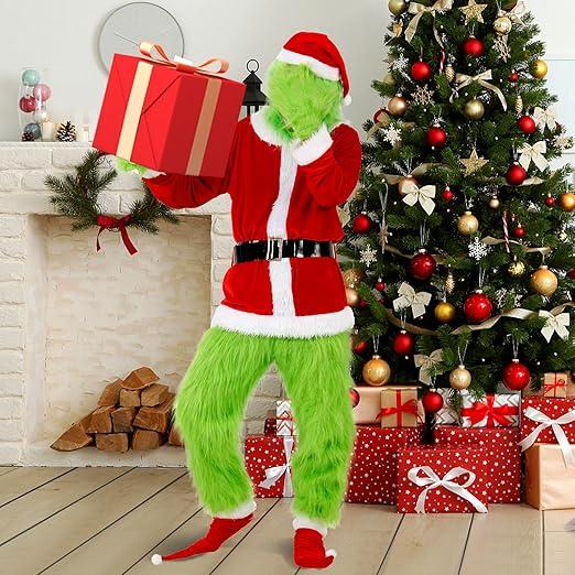 DJKFAEK Green Monster Santa Claus Costumes for Men,Christmas Furry Santa Claus Costume Include Mask for Halloween Cosplay (L)