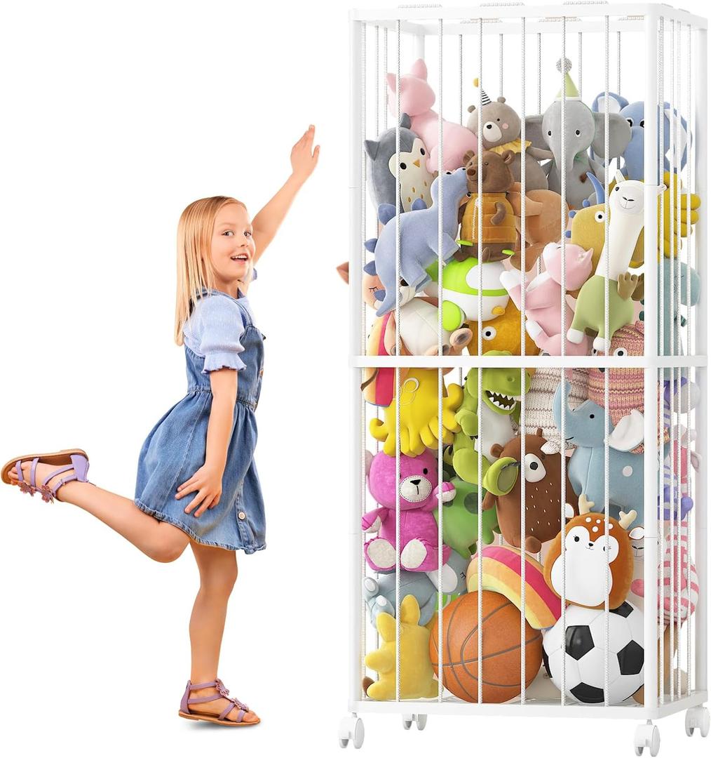 Fixwal Stuffed Animal Storage Zoo Metal Tube Extra Large Plushies Storage Stuffed Animals Holder Kids Toy Organizers and Storage with Elastic Band and Net for Playroom Bedroom White 61 x 23.6 x 16.5