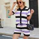 Womens Sweater Knit Pajama Sets Short Sleeve Top and Shorts Matching Lounge Set Loungewear (M)