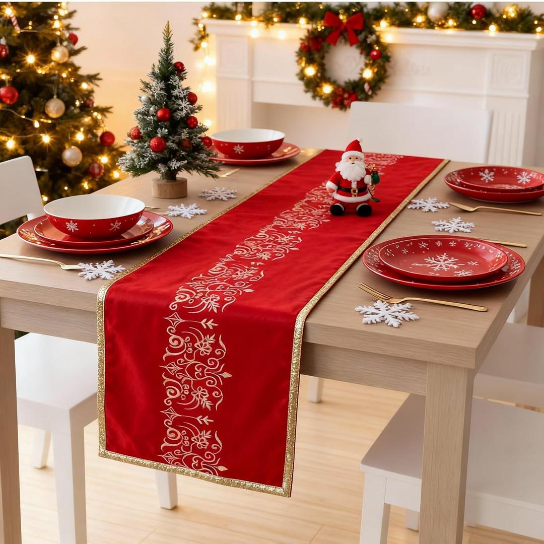 Tenceur Christmas Table Runner 13 x 72 Inch Embossing Floral Anaglyph Red Velvet Table Runner Seasonal Winter Xmas Holiday Kitchen Dining Decoration for Indoor Outdoor Home Birthday Decor (Modern)