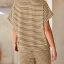 Tankaneo Womens Pajama Sets Striped 2 Piece Lounge Sets Short Sleeve Oversized T Shirts Drawstring Shorts Matching Set (L)