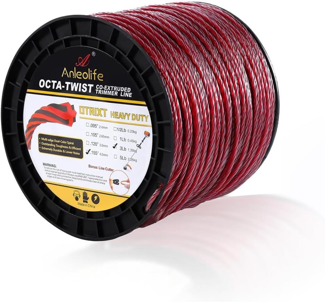 A ANLEOLIFE 3-Pound Heavy Duty Octa-Twist .155-Inch-by-379-ft Trimmer Line Spool,OTRIXT Co-Extruded Multi-Edge Spiral Weed Eater String, Red