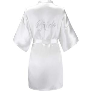 EPLAZA Women's One Size Silver Rhinestones Bride Bridesmaid Short Satin Robes for Wedding Party Getting Ready (White, Bride )