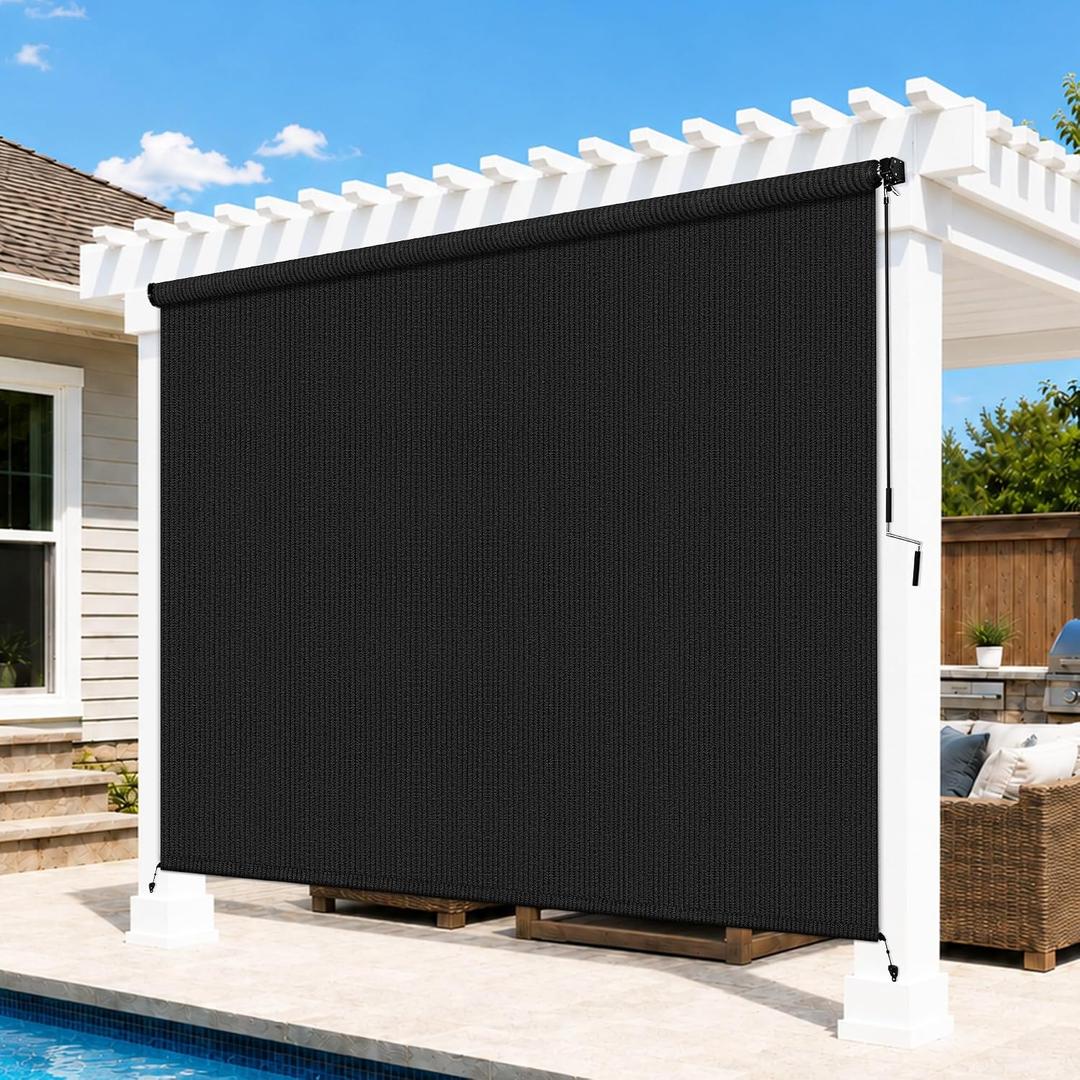 Black Patio Shades Roll up Outdoor Roller Shade Crank Wand Blind Cordless, 90% UV Blocking & Privacy Protection for Porch|Gazebo|Pergola|Backyard (2 Splicing Tube, 1 Fabric), 60"W x 72"H