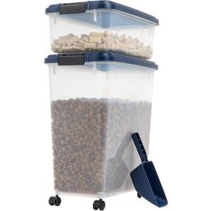 IRIS USA Airtight Dog Food Storage Container, 18.1 & 6.4 Kg Combo, Stackable Treat Box, 2-Cup Scoop, Wheels, Keep Fresh, Easy Mobility, Navy