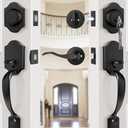 Goldenwarm Double Front Door Lock Set, Black Double Door Handle with Dummy, Double Classic Front Door Hardware Set with Reversible Wave Handle Lever, Matte Black Double Entry Door Lock Set