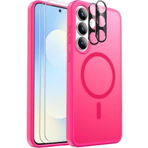 Ezanmull for Samsung Galaxy S25 FE Case Magnetic Shockproof, [Fit for MagSafe] [Glass Screen Protector + Camera Lens Protector] Translucent Anti-Fingerprint (Hot Pink)