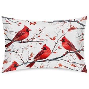 Christmas Red Birds Pillowcase for Hair and Skin Silk Pillowcase with Zipper, Queen Size Pillow Cases, Cooling Satin Pillow Cover (20x30 Inches)