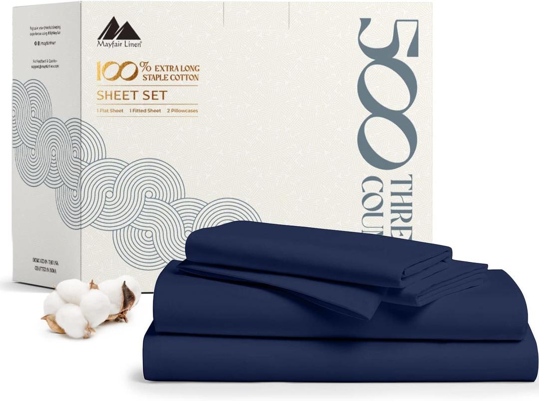 Mayfair Linen 500 Thread Count 100% Cotton Sheets King Size Bed Set - 4 PC King Bed Sheet Set Cotton (Navy Blue), Soft, Cooling, Sateen 16" Deep Pocket Bedsheet for Hot Sleepers (Fits 18" Mattress)