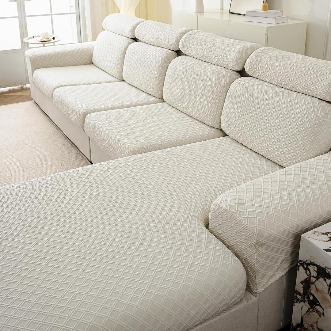 Couch Cushion Covers for Sectional Sofa, Stretch Sectional Couch Covers L Shape, Sofa Cushion Cover Washable, Soft Seat Slipcovers for Pets(Cushion Cover,Beige White)