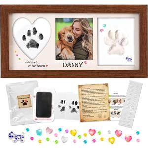 Pet Paw Print Frame Kit with Inkless Pad & Air-Dry Clay, Wooden Memorial Keepsake with Plexiglass for Dog & Cat (Brown)