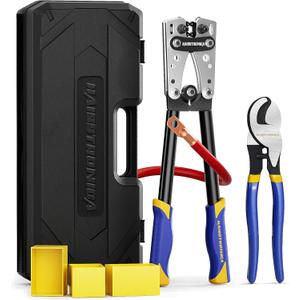 haisstronica Heavy Duty Battery Cable Crimping Tool Kit-Ratchet Hex Extended Handle Crimper for 8,6,4,2,1,1/0 AWG Copper Lugs with Blow Molded Box,Cable Cutter