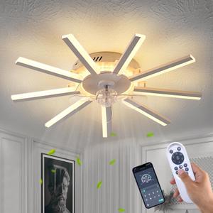 HuixuTe 27" White Straight Strip Geometric Ceiling Fan with Lights, 3 Colors 6 Speeds Low Profile Ceiling Fan with Light for Kitchen Bedroom