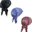 Pre Tied Chemo Head Scarf 3 Packed Beanie Skull Cover Cap for Women (Set6-Long Style) (Blue)
