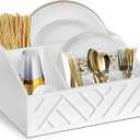 Paper Plate Dispenser, Paper Plate Holder for Kitchen Counter, Wood Rustic Silverware Utensil Caddy, Cutlery Flatware Organizer Box for Cups Spoons Forks Plates Napkins, Kitchen Accessories (White)