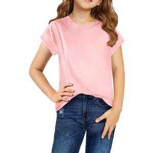 2 x Haloumoning Girls Summer Cap Sleeve Shirts Kids Casual Cute Crewneck Tunic Tops Tees 5-14 Years (Pink)