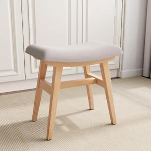 Solid Wood Small Vanity Stool, Compact Makeup Chair with Saddle Cushion, Linen-Covered High Rebound Sponge Seat, Easy Assembly Footstool for Bedroom, Entryway, Home, Natural (16.5" Height)