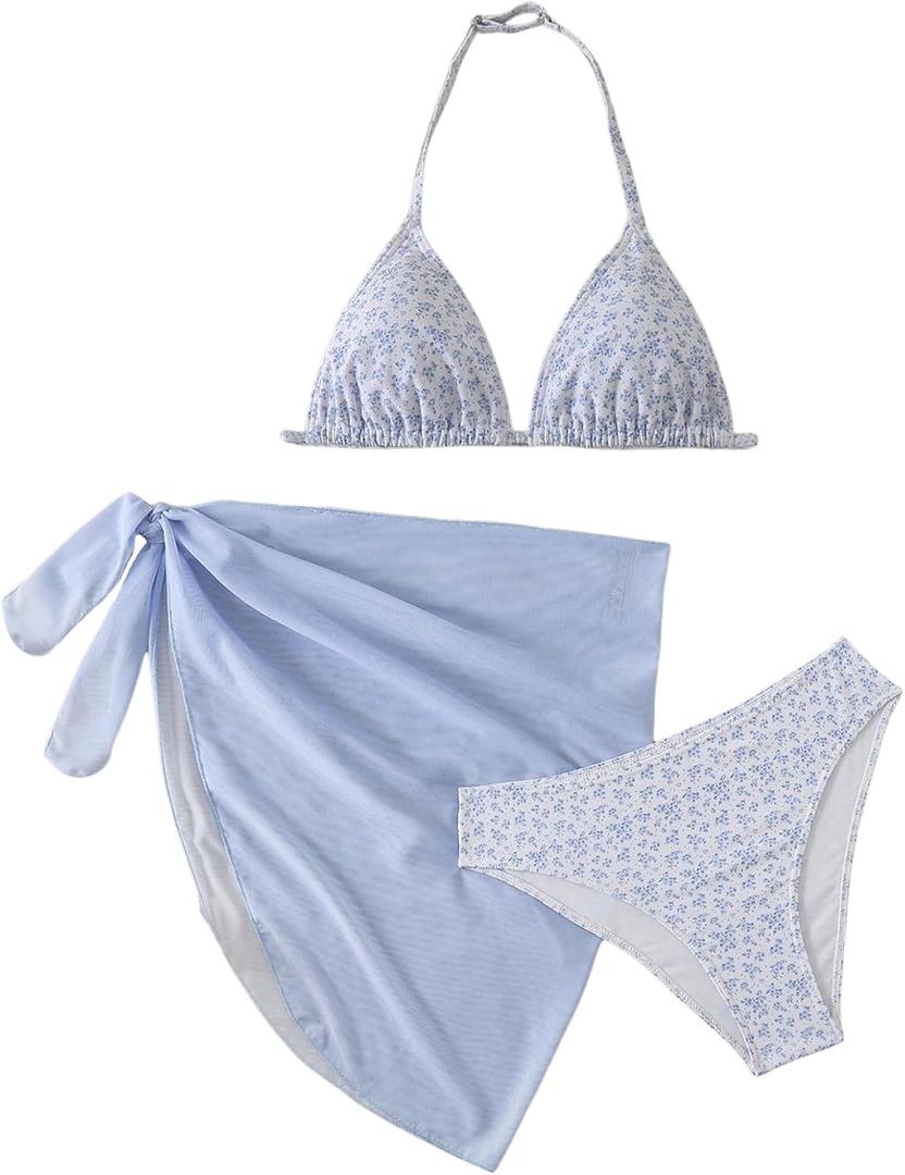 SOLY HUX Girl's Summer Swimsuit Set Floral Halter Triangle Bikini Set with Wrap Skirts Beachwear (Blue, 14Y)
