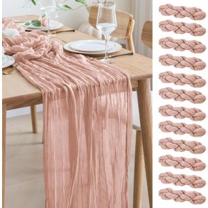Asee'm 12pcs Cheesecloth Table Runner 120 Inches Dusty Pink Boho Gauze Cheese Cloth Runner 10FT Rustic Sheer Table Runners for Summer Wedding Baby Shower Holiday Party Decoration