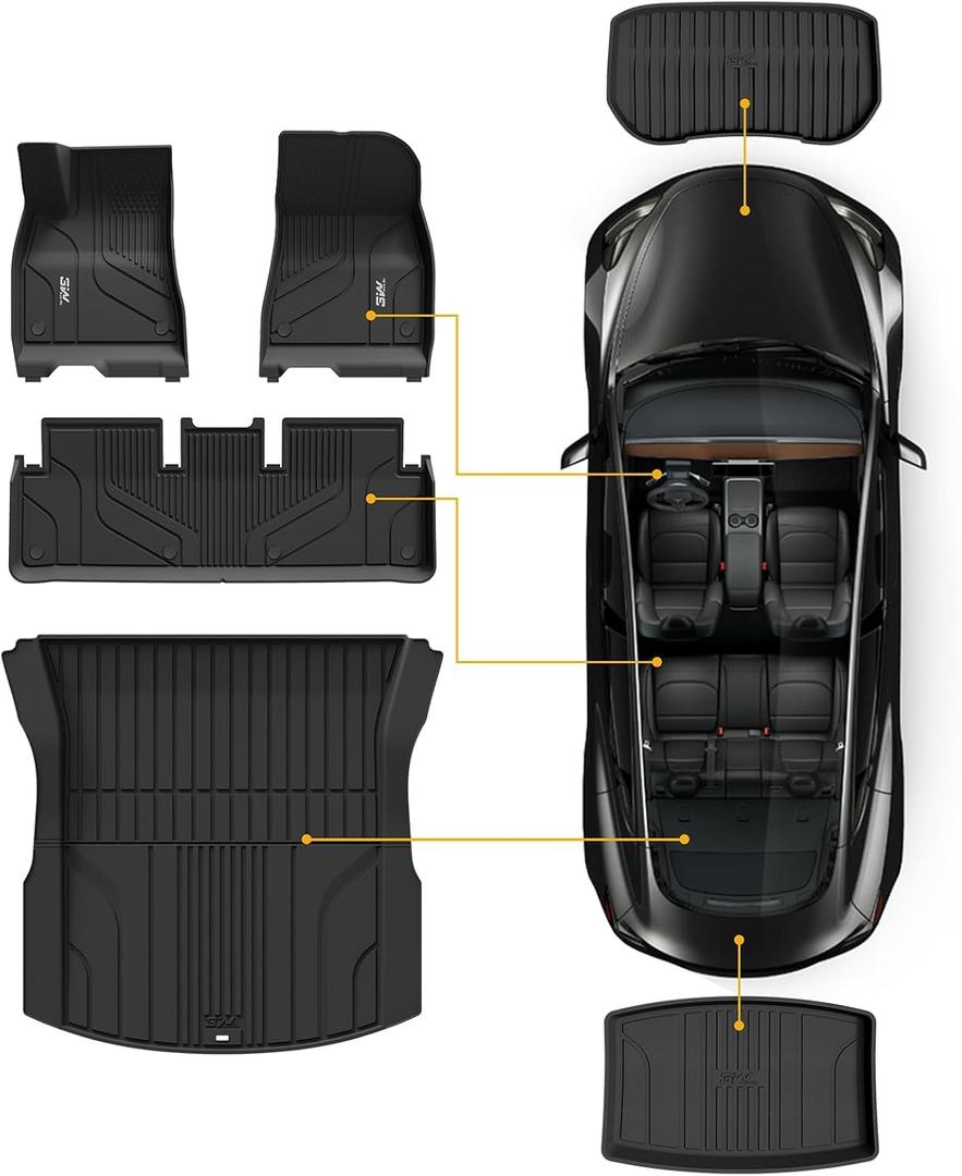 3W Floor Mats and Cargo Liner Fit for 2024 2025 Tesla Model 3 Highland New Generation, Full Set Black Floor Mats and Trunk Cargo Liner Mat with Air Freshener Custom Fit for New Version Tesla Model 3