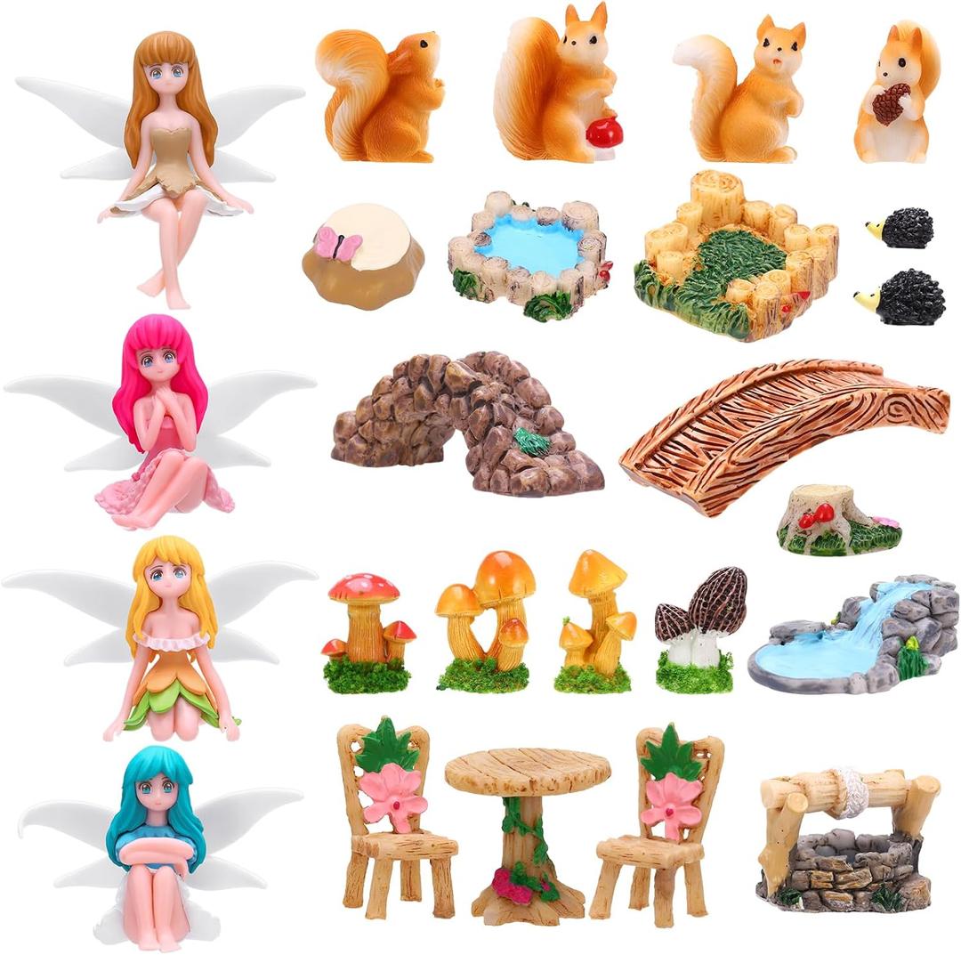 25Pcs Fairy Garden Accessories, Miniature Garden Ornaments Landscape Decorations Mini Fairy Figures Animal Plant Furniture Set for DIY Terrarium Potted Plants Dollhouse Desk Decor (Multicolor)