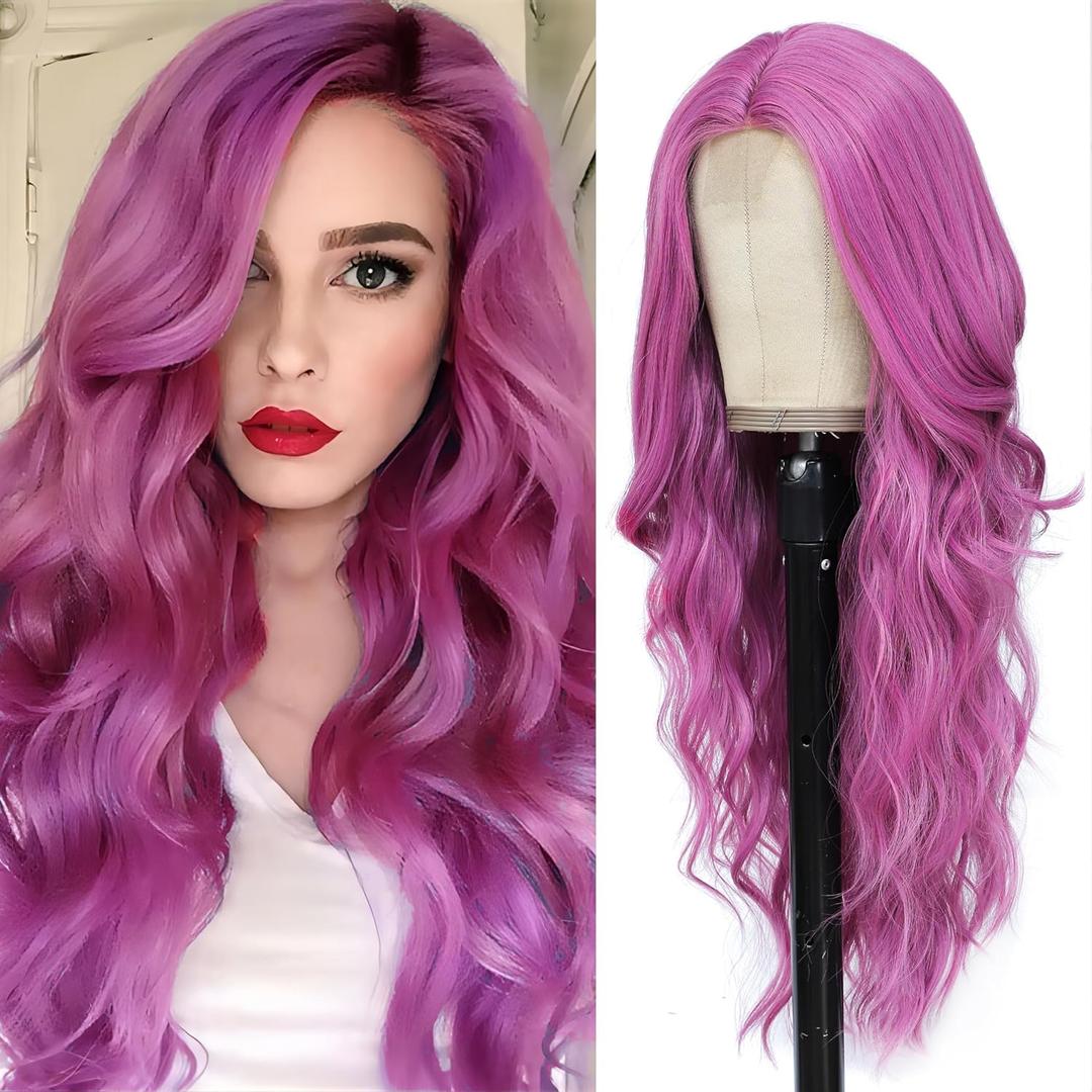 Long Purple Wig for Women 26Inch Wavy Curly Hair Wigs Synthetic Hair Replacement Wig Heat Resistant Hair Wig for Daily Party Use(26'' Purple)