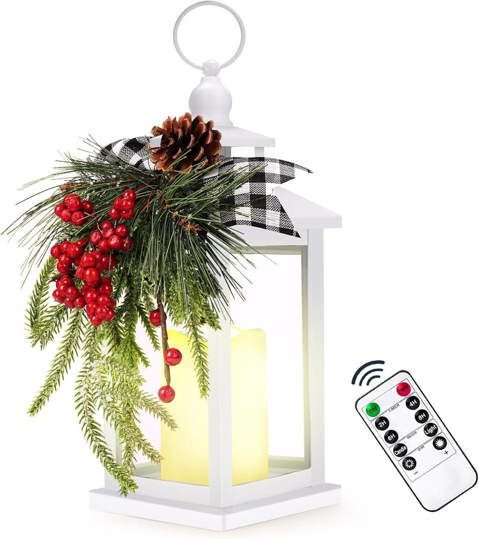 Metal Christmas Vintage Candle Lanterns with Remote Control and Led Light, Plaid Ribbon Decorative Hanging Lantern for Indoor Outdoor Porch Decorations Party Gift, White, WOKEISE (Deluxe Edition With Remote-3)