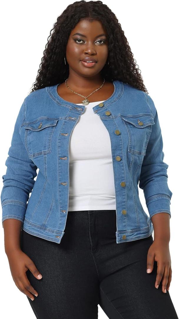 Agnes Orinda Denim Jacket for Women Plus Size Collarless Long Sleeve Button Down Jean Jacket 2025 Western Outfit (3X, Sky Blue)