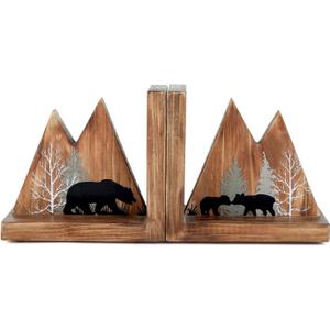 NIKKY HOME Heavy Duty Non Slip Rustic Woodland Mountain Wood Bookend Cute Bear Book Ends Book Stoppers for Cabin Decor Home and Office Shelves Children