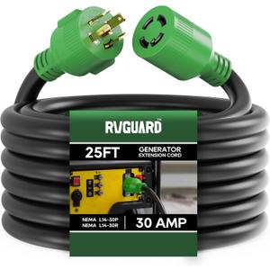 RVGUARD 4 Prong 30 Amp 25 Foot Generator Extension Cord, NEMA L14-30P/L14-30R, 125/250V Up to 7500W 10 Gauge SJTW Generator Cord with Cord Organizer, ETL Listed RVGUARD 4 Prong 30 Amp 25 Foot Generator Extension Cord, NEMA L14-30P/L14-30R, 125/250V Up to 7500W 10 Gauge SJTW Generator Cord with Cord Organizer, ETL Listed