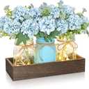 BLEUM CADE Centerpiece Table Decorations - 3Pcs Hydrangea Artificial Flowers in Mason Jars with Wood Tray for Dining Table Coffee Table Farmhouse Home Decor (Blue-hydrangea)