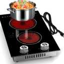 2 Burner Electric Cooktop 110V Karienvir, Plug in Electric Stove Top Burner 2000W, Cooktop Knob Controls, 12 Inch Countertop & Built-In Portable Kitchen Cooktop, 9 Power Levels, Residual Heat Warnings