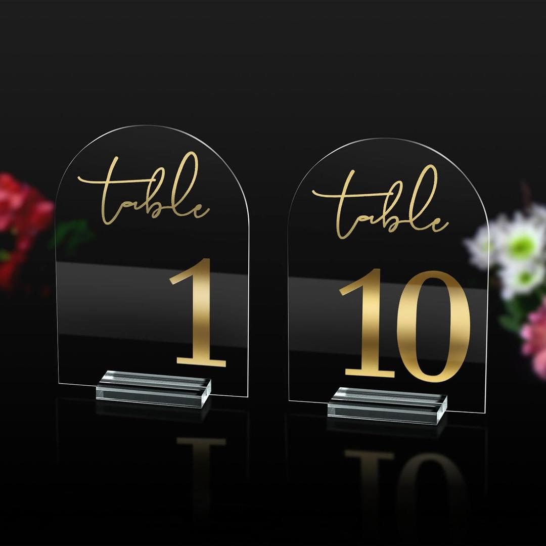 Wedding Table Numbers 1-10 with Holders, 5 x 7 Inch Transparent Acrylic Reception Table Signs Golden Letters, Number Cards for Party, Restaurant