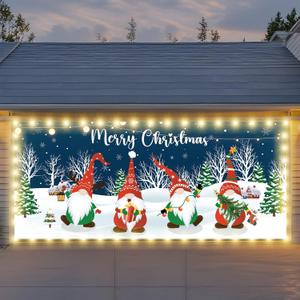 Vrainito 7x16ft Christmas Garage Door Cover with LED String Lights, 2025 Large Garage Door Christmas Decorations, Outdoor Lighted Garage Banner, Merry Garage Mural (Christmas Gnomes)