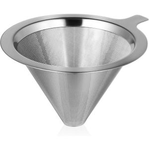 Zerodeko 1PC Reusable Coffee Filter, Stainless Steel Cone Dripper, Silver, Brews 1-2 Cups