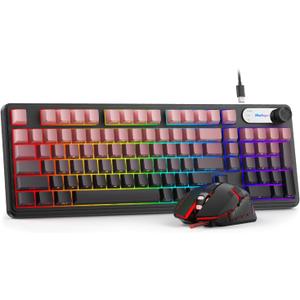 BlueFinger RGB Gaming Keyboard and Mouse Combo, 98 Key Wired USB-C Keyboard with Volume Knob, Quiet Mechanical Feel, Side Printed PBT Keycaps, LED Mouse with 4 DPI for MAC Xbox PC Gamer