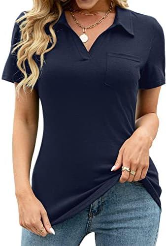 AKEWEI Womens V Neck Polo Shirts Short Sleeve Collared Tops Loose Casual Tunic Blouses with Pocket, Size Medium