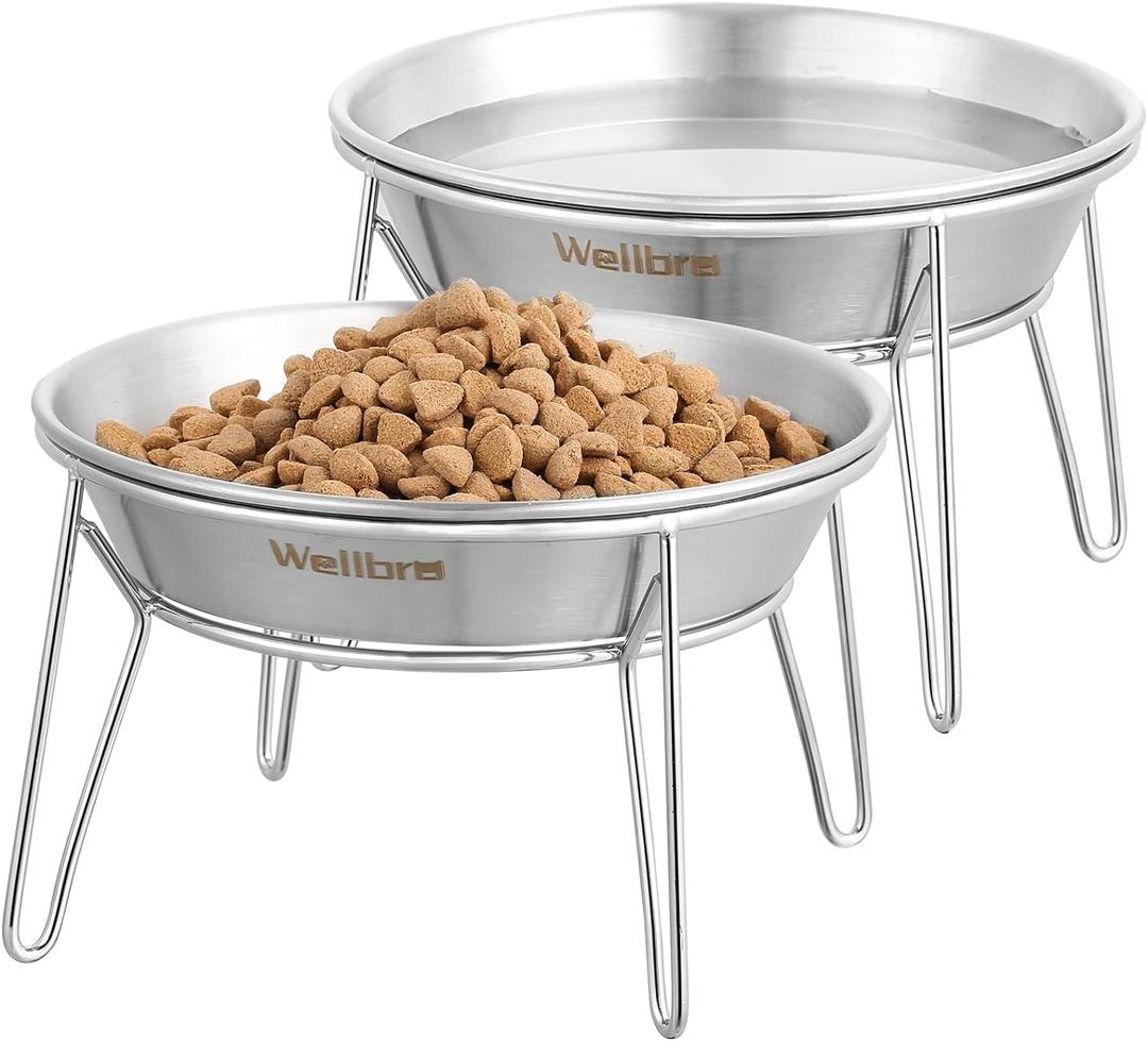 Elevated Cat Bowls, 5.9 Inch Wide Stainless Steel Cat Food Bowls with Metal Stand Whisker Stress-Free, Raised Food and Water Dish for Cats, Kitten, Puppies and Small Dogs-2 Pack
