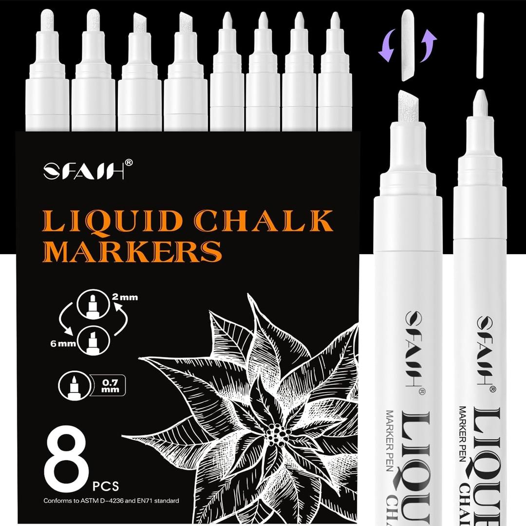 SFAIH White Liquid Chalk Markers for Blackboard, Glass - [Wet Wipe No Residue] 8 Pack- (4x) 2mm/4mm Reversible & (4x) 0.7mm Fine Tip, Ultra Flow Triple-Tips - Menu, Bistro, Signs, Windows, Food Labels