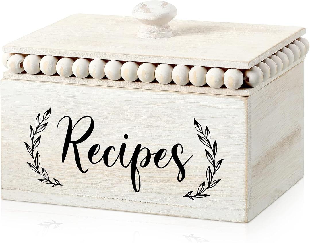 Kathfly Rustic White Recipe Box Wooden Beaded Recipe Holder and Organizer for Farmhouse Bridal Shower Wedding Registry Must Haves for Wedding Birthday Housewarming