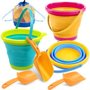 JOYIN 3 Packs Foldable Pail Bucket with Shovels & Mesh Bag, Collapsible Buckets Multi Purpose for Beach, Camping Gear, Beach Party, Fishing, and Fun Summer Activities (Yellow/Blue/Green)