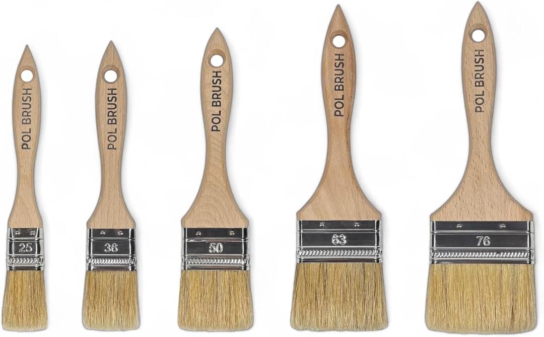 Set of 5 1, 1.5, 2, 2.5, 3 Inch Flat Paint Brushes - High European Quality - Natural Bristles - for Home, Wood, Walls, Art, Trim & Furniture - for Acrylic, Oil, Stain, Chalk & Latex Paints