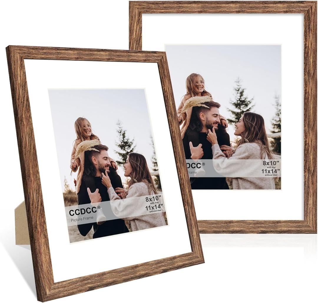11x14 Picture Frame Set of 2, 11 x 14 Wood Photo Frames with Mat for 8x10, Natural Wooden Frame with Real Glass Cover for Wall and Tabletop Display,Rustic Brown