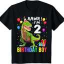 Kids 2 Year Old 2nd Birthday Boy T Rex Dinosaur T-Shirt, 2T